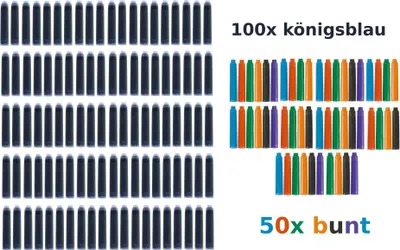 Produktbild von 150 Füllerpatronen / 100 blaue Tintenpatronen + 50 farbige Tintenpatronen