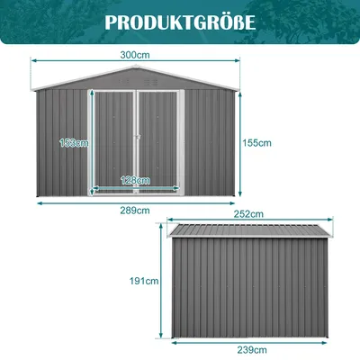 Zdjęcie produktu dla Metalowy domek ogrodowy 300 x 252 x 191 cm, dach dwuspadowy, drzwi przesuwne, kratki wentylacyjne, odporny na warunki atmosferyczne, szary
