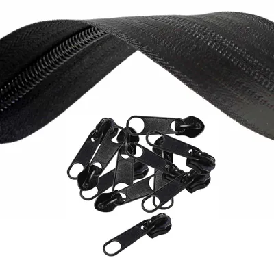 5m Outdoor Endlos-Reißverschluss wasserfest 8mm Spiral mit 10 Zippern, schwarz
