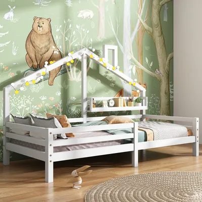 Produktbild von Sweiko Kinderbett Hausbett mit Ablagefläche und Lattenrost Einzelbett mit Rausfallschutz Juniorbett 90*200cm Kieferholz Weiß