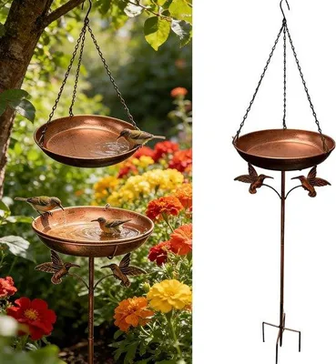 Produktbild von Vogeltränke 2-in-1: Stehend und hängbar - Vogelbad aus Metall mit 5-Fuß-Standfuß - Durchmesser 24 cm - Kupferfarben