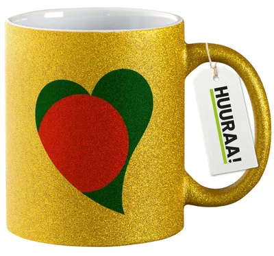 Produktbild von Huuraa Glitzertasse Bangladesch Flagge Herz 330ml Gold Keramik Kaffeebecher Geschenkidee