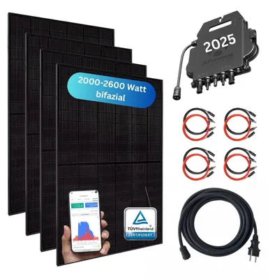 Produktbild von MYVOLTAICS Balkonkraftwerk MyBasic XXL 2000+ Watt, bifazial, Wechselrichter (APsystems 2025), Steckerfertig - einstecken. fertig. - 10m