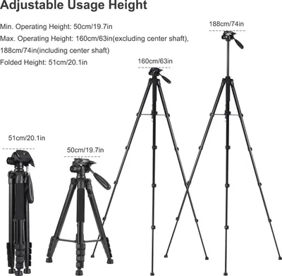 Obrázek produktu pro Andoer 1,88M/74in Fotografický stativ Stativ pro fotoaparát Stojan z hliníkové slitiny 360 Otočný 5kg/11lbs Nosnost 1/4 palcového šroubového připojení s klipem pro telefon Náhrada dálkové spouště pro Canon Sony Nikon DSLR fotoaparáty Videokamery Smartphony