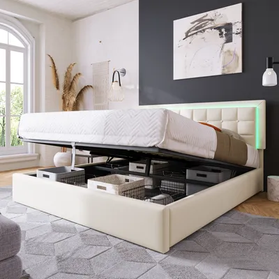 Produktbild von Polsterbett, 160x200 cm, Doppelbett mit Lattenrost, Bettkasten und LED-Beleuchtung, gepolsterter Kopfteil höhenverstellbar, Bezug aus Kunstleder