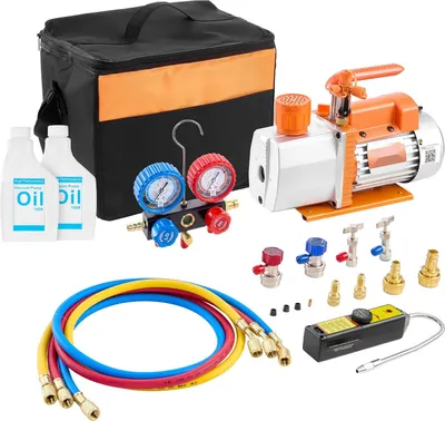 Produktbild von Vakuumpumpe - Klimaservice-Set mit Manometer - 2-stufige Drehschieberpumpe - 198 L/min - 550 W - Für R134a/R22/R410A - Lecksucher & Tragetasche - Für Kfz-Klimaanlagen