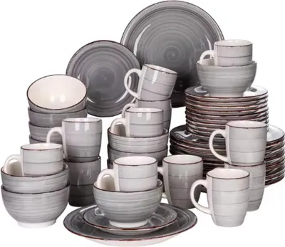 Produktbild von Velentino Serviesset – 48-teilig – 12 Personen – Grau Keramik – Essteller, Tiefe Teller & Frühstücksteller – Stilvolles Küchenservies