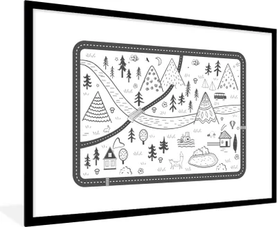Produktbild von MuchoWow® Gerahmtes Poster Zeichnung - Berge - Kinder - Illustration 90x60 cm - Poster mit Schwarzem Bilderrahmen Wandposter Rahmen Foto Bilder - Wanddekoration - Fotos