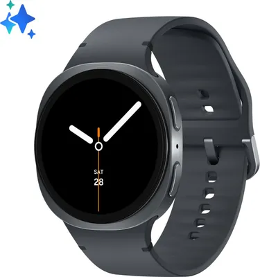 A smartwatch with a dark gray band and a black screen displaying the time and date.