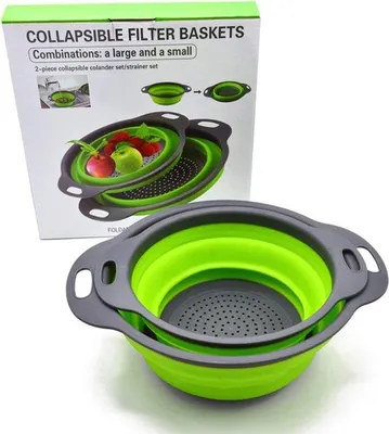Image de Lot de passoires en silicone, peu encombrantes, 2 tailles, fruits/légumes, bac pliable