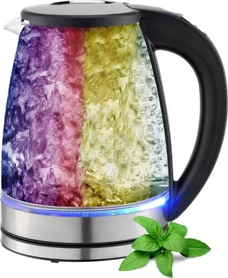 Obrázek produktu pro Skleněná a nerezová konvice na vodu, objem 1,8 litru, výkon 2200 W, bez BPA, funkce udržování teploty, LED osvětlení s měnícími se barvami, regulace teploty od 40 °C do 100 °C