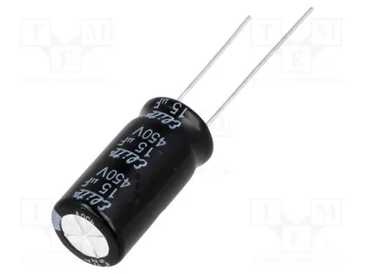 Image de 5 condensateurs : électrolytiques, 15 µF, diamètre 10 mm, longueur 60 mm, à sertir (THT), 450 VDC, tolérance 20%, référence PF2W150MNN1020
