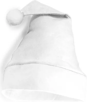 A white Santa hat with a white pom-pom on top and a white trim at the bottom, isolated on a white background.