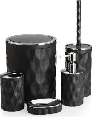 Produktbild von HowHomely Badezimmer set, 5-teilig Badzubehör Seifenspender, WC Bürste, Seifenschale, Abfalleimer und Zahnputzbecher Schwarz