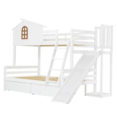 Produktbild von Kinderbett mit Rutsche und Schubladen Etagenbett Jugendbett 90x200 & 120x200cm Weiß