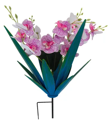 Metallpflanze mit lila Orchideen, 35,6 cm, rustikale Außendekoration