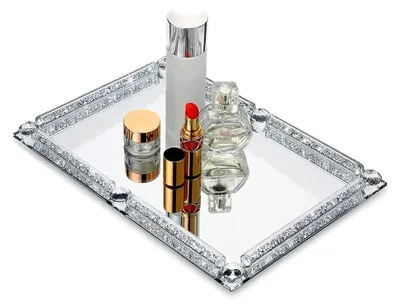 Produktbild von Spiegeltablett für Schminktisch Deko, verspiegelte Unterseite, silbernes Deko-Tablett mit Anti-Rutsch-Design, leicht zu reinigen