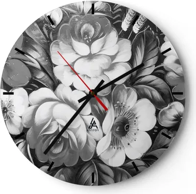Produktbild von Wanduhr - Rund - Glasuhr - Blume Blumenstrauß Blatt - 30x30cm - Schleichendes Uhrwerk - Lautlos - zum Aufhängen bereit - Dekoration Modern - Wanddekoration aus Glas - C3AR30x30-3896