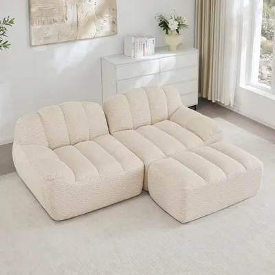 Produktbild von 2-Sitzer L-förmiges Modulares Boneless Sofa, Muschelform, tiefe Sitzkissen mit 1 Ottoman, Sofa für Wohnzimmer, kein Aufbau nötig,Beige Weiß