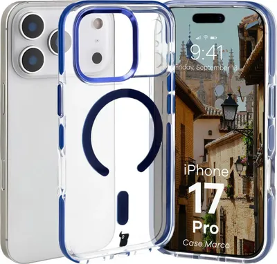Produktbild von Handyhülle mit Magnetring für iPhone 17 Pro, Bizon Case Marco, Transparent mit blauem Rahmen