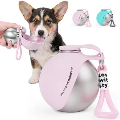 Tragbare Hundewasserflasche 2-in-1, Edelstahl, 285 ml, faltbare Silikonschale