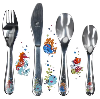 Produktbild von Justinus 4tlg Meerestiere Kinder-Besteck-Set Messer Gabel Löffel Geschenkidee