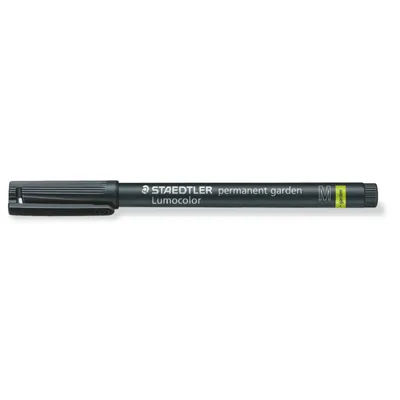 A black Staedtler Lumocolor permanent garden marker is shown against a white background.