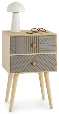 Produktbild von Nachttisch PELO mit 2 Schubladen natur/grau - Nachtkasten mit Ziernuten im Boho Stil, Nachtkommode aus Paulownia-Holz