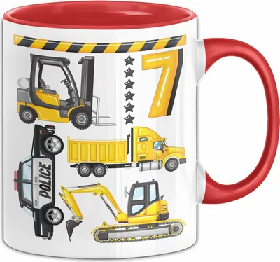 Produktbild von 7. Geburtstag Geschenk Tasse Becher Jungen Jungs Baustelle Polizei Geburtstagsgeschenk 7 (Rot)