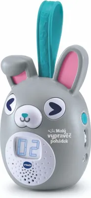 A Vtech toy shaped like a gray bunny with pink ears, a digital display, and a teal loop for hanging.