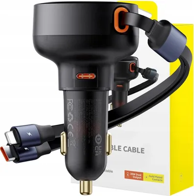 Image de Baseus Enjoyment Chargeur de voiture Usb-C avec câble Usb-C et Lightning 60 W (Noir)