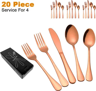 Image de Topchances Set de couverts 20 pièces, Set couteau fourchette cuillère en acier inoxydable avec boîte cadeau pour 4 personnes, pour maison bureau restaurant, cuivre
