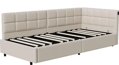 Produktbild von Beiges Einzelbett 90x200cm aus Samt mit Schwebeeffekt, hydraulischem Stauraum, USB-/Typ-C-Anschlüssen und RGB-LED-Streifen mit Fernbedienung
