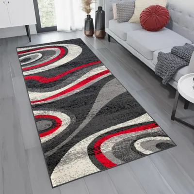 Produktbild von Teppichläufer Flur Teppich Kurzflor Modern Brücke Wohnzimmer Schlafzimmer Design Grau Creme Rot Wellen Kreise Muster  70 x 300 cm