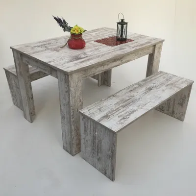 Produktbild von Esstischgruppe Bänke 3er Set 110x70cm Canyon White Pine shabby chic, Bänke Länge: 110 cm Tiefe: 35 cm Höhe: 44 cm NEU