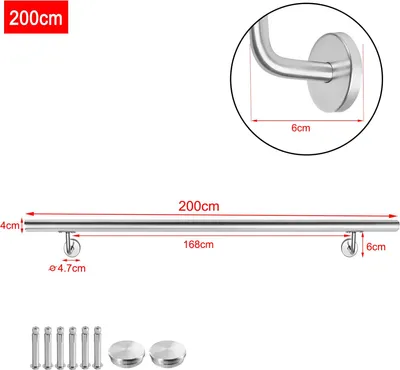 Obrázek produktu pro ACXIN nerezové zábradlí 200 cm, venkovní zábradlí na stěnu, Ø 40 mm schodišťové zábradlí s držákem na stěnu a koncovkami (200 cm, stříbrná)