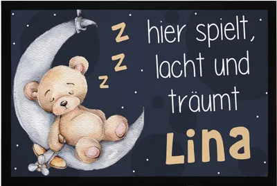 Produktbild von Fußmatte Kinderzimmer personalisiert mit Name Teddybär Mond Türvorleger Kind rutschfest & waschbar SpecialMe® weiß 60x40cm