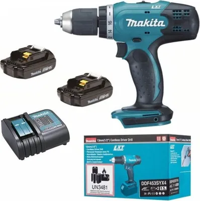 Produktbild von Makita DDF453SYX4 Profi-Akku-Bohrmaschine, 1,5 Ah Akkukapazität, 18 V Akkuspannung, variable Geschwindigkeit, inklusive 2 Lithium-Ionen-Akkus und Ladegerät