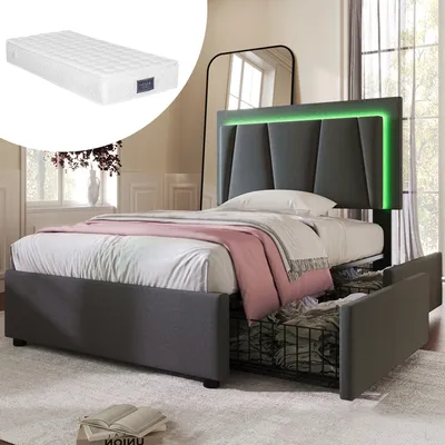 Produktbild von MODFU Polsterbett Funktionelles 90 x 200 cm mit LED-Beleuchtung und Höhenverstellbarem Kopfteil, Einzelbett Stauraumbett mit 2 Schubladen, Leinenstoff Grau(Mit Matratze)