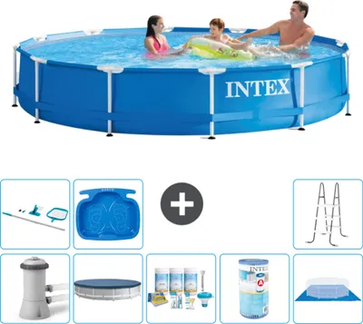 Produktbild von Intex Rundrahmen-Schwimmbecken – 366 x 76 cm – Blau – inklusive Pumpe Abdeckung - Wartungspaket - Filter - Bodenplane - Reinigungskit - Leiter