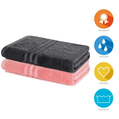 Produktbild von Lavea® 2er Badetuch 100x150 cm aus 100% Baumwolle – Großes Duschtuch, saugstark, hautfreundlich, Frottierserie Elena -  Anthrazit & Pastellrosa