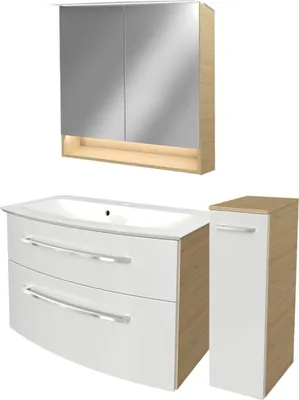 Produktbild von Fackelmann B.STYLE Badmöbel Set 4-teilig, 83 cm, Weiß/Braun + LED-Spiegelschrank + Midischrank rechts