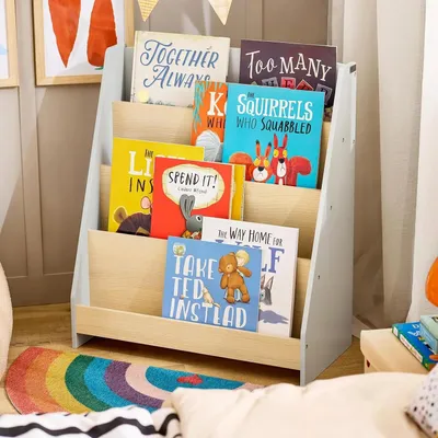 Immagine prodotto di Libreria per bambini / Espositore per libri - Esposizione frontale dei libri - 4 ripiani - Scomparti aperti - 61x30x71 cm - Struttura in legno - Bianco + legno