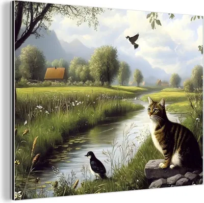 Produktbild von MuchoWow Wanddekoration Metall Metallbild Wandkunst 80x60 cm Katze - Bach - Wiese MuchoWow Aluminium Gemälde - Alubild