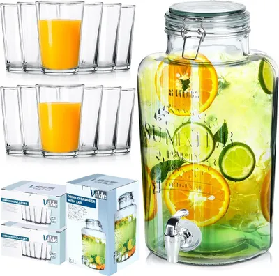 Obrázek produktu pro Vilde skleněný džbán s kohoutkem Skleněný dávkovač s kohoutkem 8 l + sklenice na pití 12 ks 200 ml