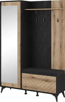 A modern hallway wardrobe with a mirror, shelf, coat hooks, and a bench with storage.