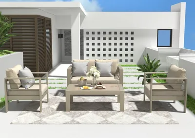 Produktbild von MEXO Gartenlounge-Set Balkonmöbel Set 4 Personen Terrassenmöbel Set Aluminium wetterfest,  Gartenmöbel Set Alu für balkon, Tischplatte aus WPC