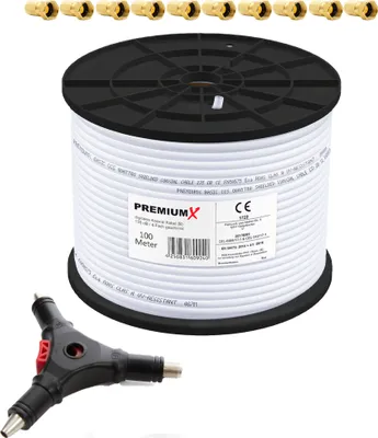 Produktbild von PremiumX 100m BASIC Koaxialkabel 135dB 4-fach SAT Koax Kabel Abisolierer 10x F-Stecker