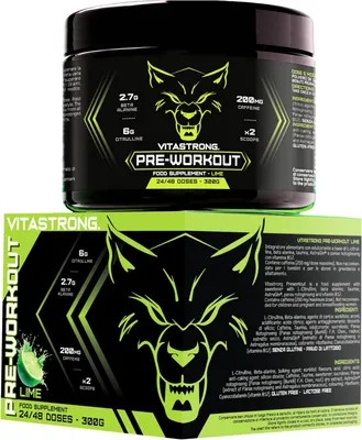Obrázek produktu pro Předtréninkový booster s kofeinem 300g, veganský předtréninkový booster s vitamínem B12, citrulinem, beta-laninem, kofeinem v prášku, taurinem v prášku, AstraGin, Vitastrong Pre Workout (24 porcí (1 balení), limetka)