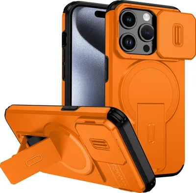 Obrázek produktu pro Magnetické pouzdro pro iPhone 15 Pro, dvouvrstvé odolné pouzdro s posuvnou ochranou fotoaparátu a nastavitelným stojánkem Oranžová